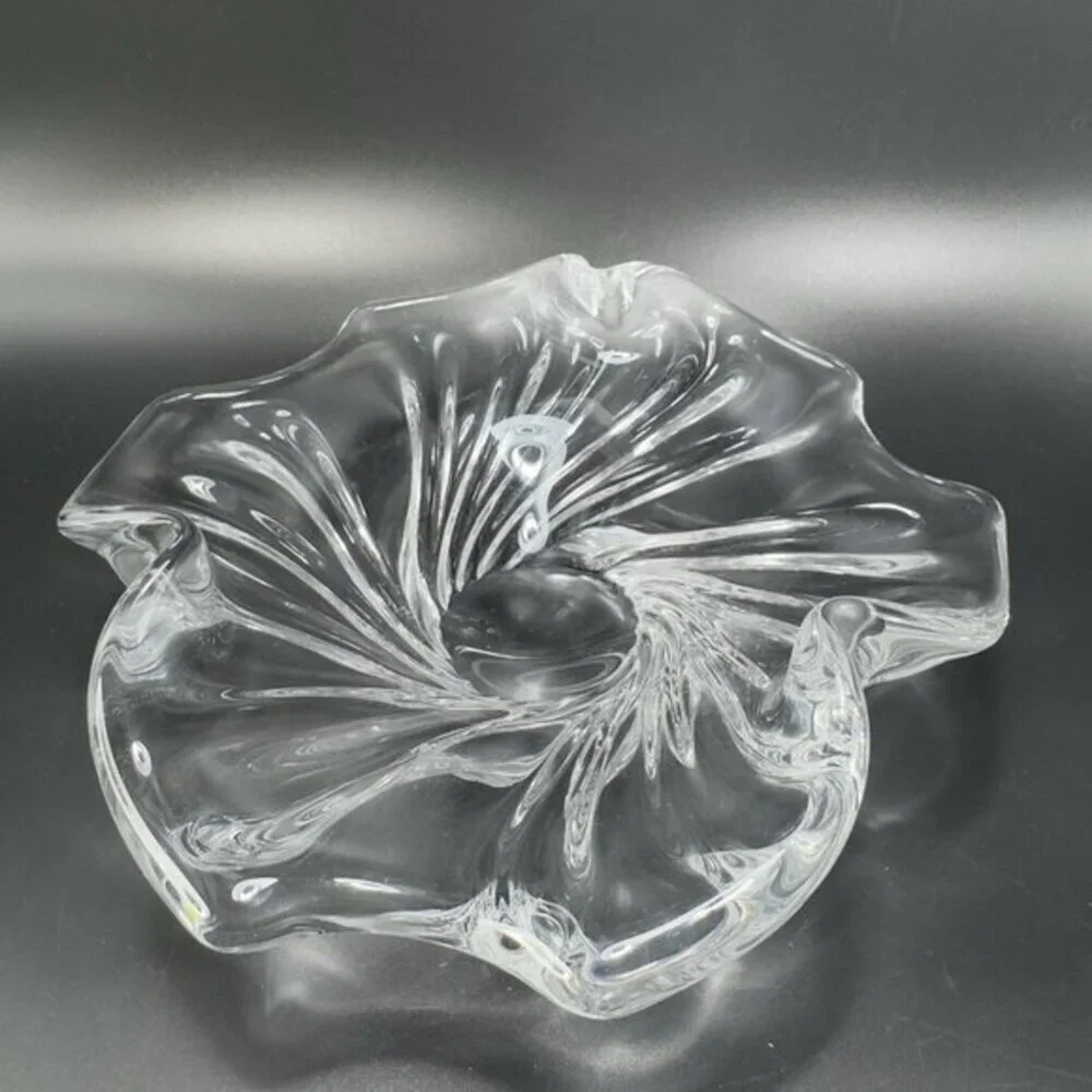 Vintage 1980s Venetian Clear Glass Dish Bowl Centerpiece Made In Italy Decor VTG